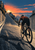 Rear-view cyclist riding uphill on a steep urban road toward a coral dawn, with a long shadow, city buildings, and distant water.