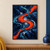 S-shaped vermilion-orange ribbon flowing through indigo blue forms with aqua and white abstract brush marks.; frame shown for styling only