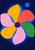 Six-petal geometric flower rosette in saffron, coral, green and pale pink, with a violet center and detached blue circle on indigo.