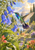 Green-and-violet hummingbird hovering beside a cluster of blue bell-shaped flowers in a softly lit garden.