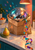 Mirrored disco ball in an open brown grocery bag on a kitchen counter, with curling colorful ribbon, a pear, and rosemary.