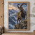 Large ibex with sweeping horns standing on a rocky, flowered ledge above a misty mountain valley at dawn.; frame shown for styling only
