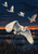 Five white herons fly above dark marsh reeds and reflective water beneath a narrow orange-apricot sunset.