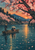 Wooden ferry with two seated passengers and a standing pole user on a river beneath cherry blossoms, with a pagoda and sunset in the distance.