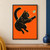 A black cat with cream whiskers and a teal eye leaps toward a small pale green and blue winged insect on a saturated orange background.; frame shown for styling only