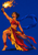 Bare-footed dancer in red and saffron costume raises a flaming baton as a blue sash streams behind against an ultramarine background.