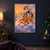 Three winged cherub-like figures playing a harp, flute, and cymbals on clouds beneath a warm sunset sky.; frame shown for styling only