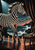 Black-and-ivory zebra with swept-back mane beside a silver trumpet on a wooden chair, with curtains, coastal surf, and footlights.