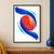 Coral-red oval surrounded by sweeping cobalt brushstrokes and two aqua arcs on a white ground.; frame shown for styling only