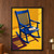 Cobalt-blue slatted rocking chair with an open book on its seat, casting a long shadow across a marigold floor.; frame shown for styling only