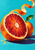 A halved blood orange and partly hidden whole orange with curling peel and green leaf on turquoise.