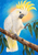 A white cockatoo with a raised yellow crest reaches toward eucalyptus leaves from a diagonal branch against a blue background.