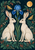 Two pale hares face one another across a blue iris, framed by leaves, coral berries, two golden moths, and an amber moon.