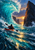 A lone paddler in a red kayak moves through a curling turquoise wave between dark sea stacks toward a golden sunset reflection.