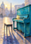Small white pigeon perched on a turquoise upright piano above an empty bench in a paved square at sunrise.