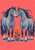 Two blue-gray, cream-dappled horses face nose to nose around an orange marigold on a coral-pink background.