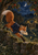 Cloaked russet fox carrying an envelope as it leaps over a mossy wall in a moonlit orchard.