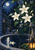 White jasmine blossoms and glossy leaves surround a stone fountain beneath a blue tiled arch, with a moon, floating flower and lantern.