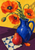 Three orange-red poppies in a cobalt-blue pitcher beside a red pear on geometric cloth.