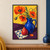 Three orange-red poppies in a cobalt-blue pitcher beside a red pear on geometric cloth.; frame shown for styling only