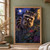 Raccoon perched on a wooden fence holding dark berries, with a moon, bramble, and warm-lit window behind it.; frame shown for styling only