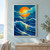 A large orange sun partly crossed by a turquoise cloud above curling ultramarine waves with white foam and gold reflections.; frame shown for styling only