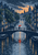Small figure carrying a bright red umbrella crosses an arched bridge over a rainy canal lined with buildings and boats.
