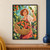 Smiling woman with short copper curls carries a woven basket of whole and halved blood oranges in a leafy greenhouse, raising a leaf.; frame shown for styling only