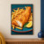Golden battered fish fillet with flaky white interior, surrounded by fries with lemon and parsley on a teal plate with a coral-red rim.; frame shown for styling only