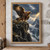 Brown-and-gold eagle with lifted wings standing on a rocky mountain ledge above a misty valley.; frame shown for styling only