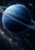 Large blue ringed ice giant with glowing cloud bands, a small spacecraft, stars, and a faint spiral galaxy.