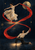 Two dancers in pale clothing guide a looping vermilion ribbon against a dark background with warm lights and a gold circle.