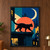 A black cat walking along a rooftop ledge beneath a crescent moon and coral disc, with a geometric city skyline behind it.; frame shown for styling only