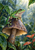 Green frog perched on a large brown bell-shaped mushroom, looking toward a hanging droplet amid wet foliage and reddish leaves.