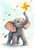 Young gray elephant touches a yellow pinwheel with its raised trunk, surrounded by windblown green leaves on a pale background.