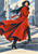 Fashion illustration of a woman in a sweeping red-orange coat striding down broad city steps, with a streaming scarf and plaza architecture.