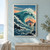 A large turquoise wave curls into an arch above a small red-sailed boat in a rocky inlet at sunset.; frame shown for styling only