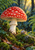 Scarlet fly agaric mushroom with cream flecks beside a small snail on moss among wet foliage.