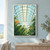 Upward view inside a glass conservatory, with a bright arched roof above tropical leaves and two orange bird-of-paradise flowers.; frame shown for styling only