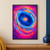 Abstract poster with a deep-blue central form and orange-apricot glow surrounded by rippling cyan, blue, violet and fuchsia bands.; frame shown for styling only