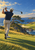 Back-view golfer finishing a swing toward a coastal fairway, with a ball in the sky, pine tree, pale bunker, bay, and distant lighthouse.