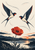 Two swallow-like birds with outstretched wings meet above a large red poppy, with curved wind lines and a sunset over water and dark hills.
