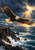 White-headed bald eagle with wings extended above rugged sea cliffs and white surf beneath a storm break lit by amber sunlight.