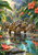 Three tortoises walking along a wet garden path, framed by leaves, coral flowers and a turquoise-reflecting puddle.