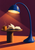 Cobalt-blue arched floor lamp shining over an open book and amber cup on a round table, with a plum wall and apricot floor.