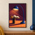 Cobalt-blue arched floor lamp shining over an open book and amber cup on a round table, with a plum wall and apricot floor.; frame shown for styling only