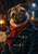 Fawn pug in a deep teal coat with brass toggles and red scarf, posed before a moonlit porthole.
