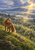 Russet fox looking back from a grassy ridge above a misty flowering orchard as golden sunbeams break through clouds.