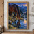 Bay horse drinking from a rocky mountain stream, with ripples in the foreground and alpine peaks beneath a blue-hour sky.; frame shown for styling only