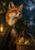 Russet fox in a dark green cloak beside a wicker basket of pears, with a glowing lantern in a blue-green woodland setting.